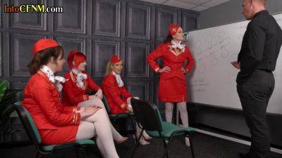 Femdom stewardesses suck cock in CFNM group on college - hotmovs.com - Britain