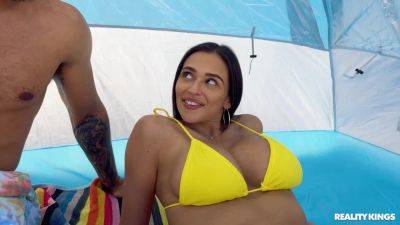 Armani Black - Dark-haired beauty in a yellow bikini takes good care of BBC - xtits.com